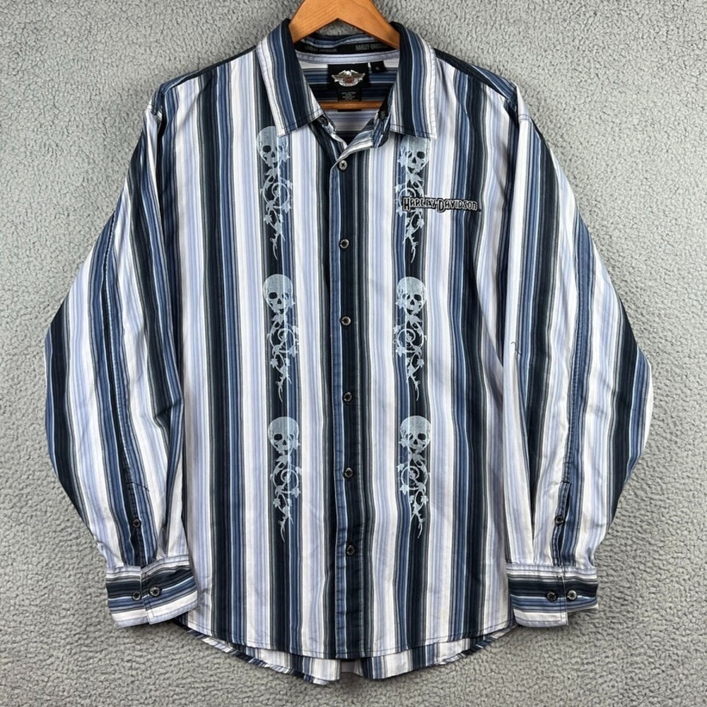 Harley Davidson Shirt Mens Size‎ XL Skull Stripe Button up Motorcycle Biker Moto